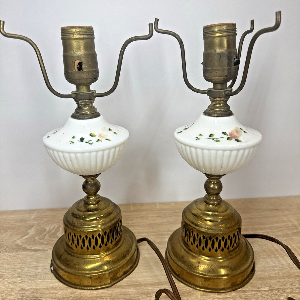 Vintage Pair Porcelain Floral Brass Table Lamps Boudoir Vanity Parts Repair